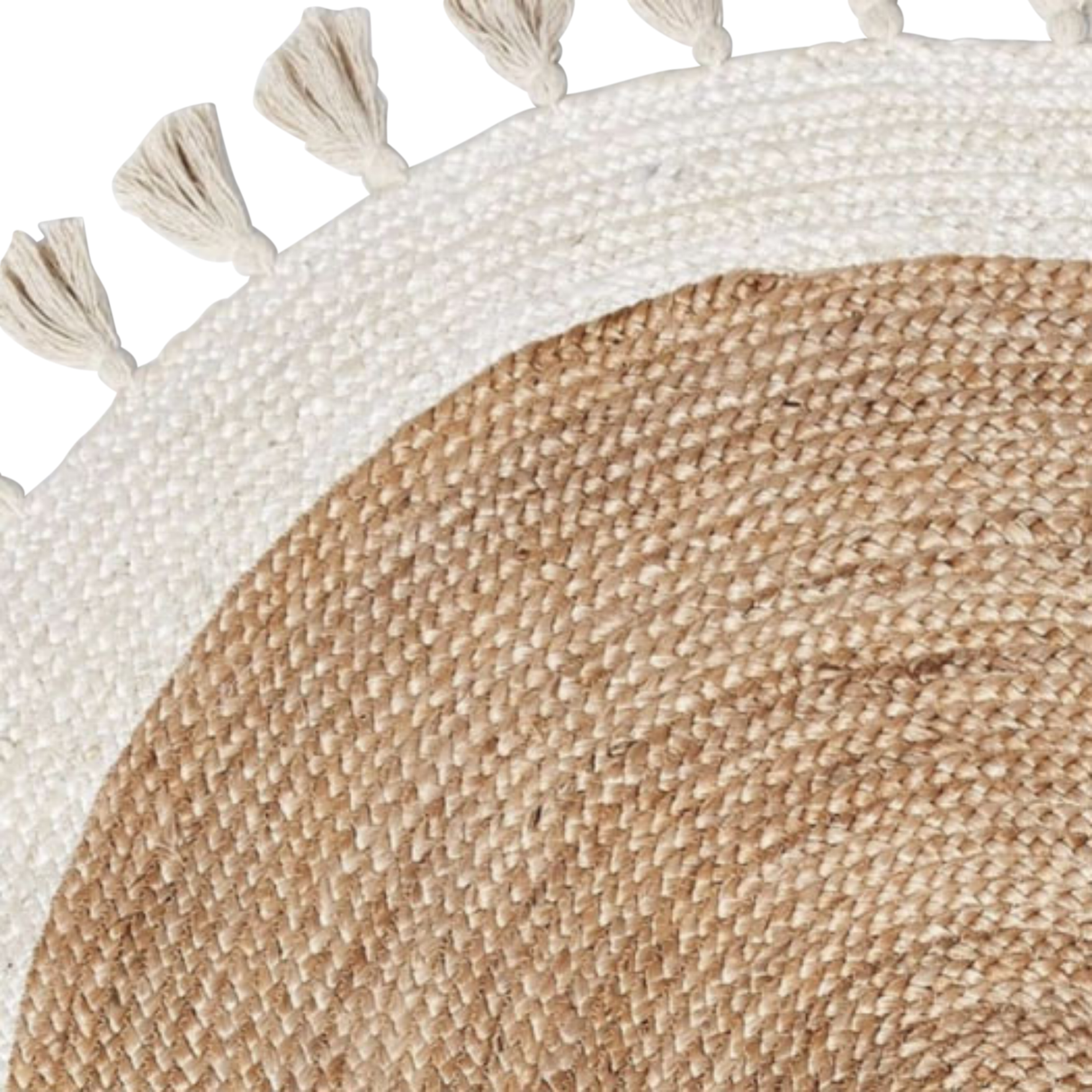 Bohemian Cream & Natural Braided Jute Cotton Round Rug with Tassel