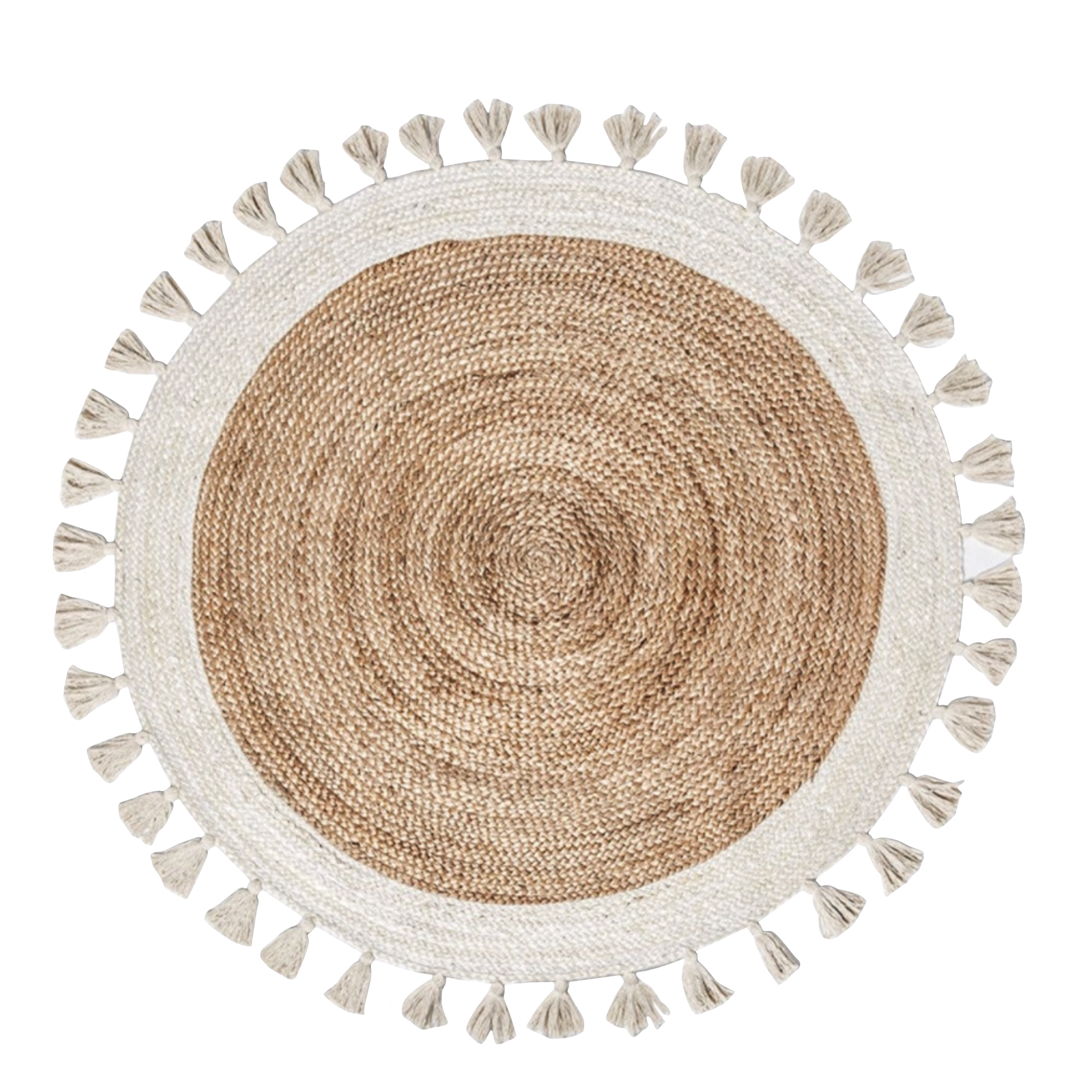 Bohemian Cream & Natural Braided Jute Cotton Round Rug with Tassel