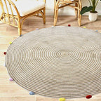 Round Woven Jute Cotton Multicolour Pompom Rug