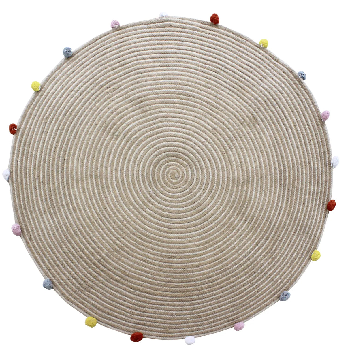 Round Woven Jute Cotton Multicolour Pompom Rug