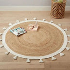 Bohemian Cream & Natural Braided Jute Cotton Round Rug with Tassel